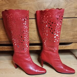 Bellini 12 Wide‎ Celine Red Leather Laser Cut Knee High Heel Tall Boots 12W